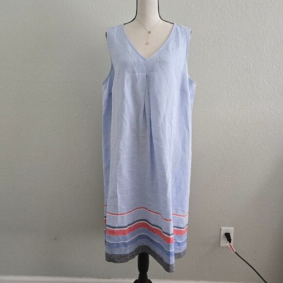J. Jill Love Linen A-Line Dress Size L Powder Blue Coastal V-Neck Striped Hem - Picture 3 of 10